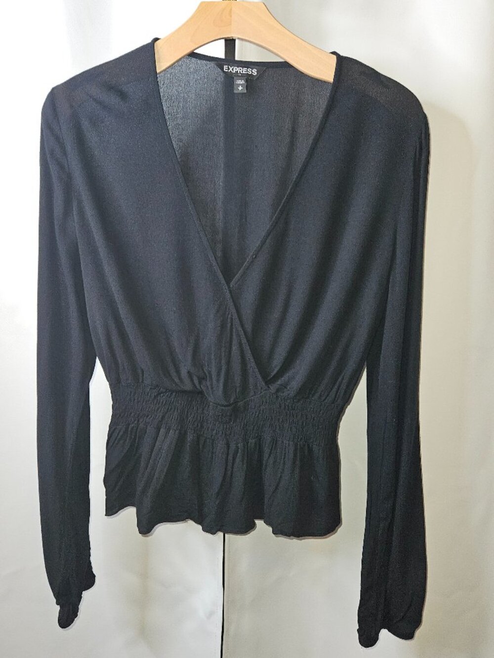Express Black Long Sleeve Faux Wrap Blouse with Smocked Peplum Waist - size S